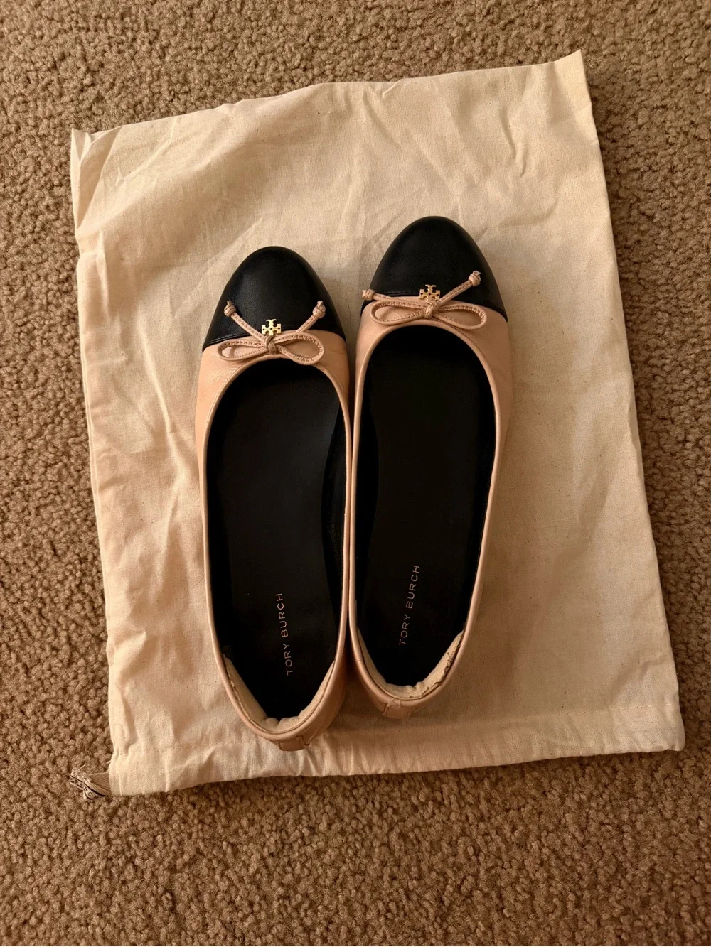 Tory Burch Pink and Black Cap-Toe Ballet Flats